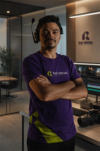 imagem do Carlos usando uniforme da RAC, roxo, de pé, com os braços cruzados
