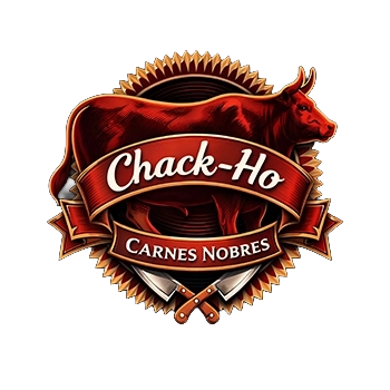 logo da chack-ho carnes nobres, com tons de vermelho e o desenho de um boi e facas