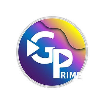 logo da gp prime, com fonte branca, sobre um fundo degradê de azul, roxo, rosa e amarelo