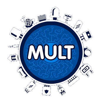 logo da mult, com fonte branca sobre um fundo azul