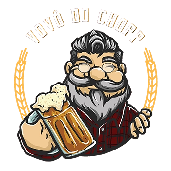 logo vovô do chopp, com o desenho de um idoso de barba e bigode grisalhos, com camisa de flanela vermelha, segurando um caneco de chopp