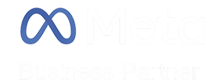 logo do programa meta business partner, com fonte branca e a logo em azul